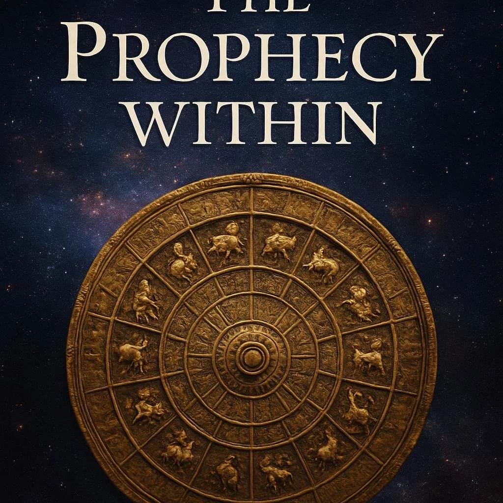 The cover of a book titled 'The Prophecy Within,' featuring an astrological zodiac wheel with zodiac signs, set against a starry night sky background.