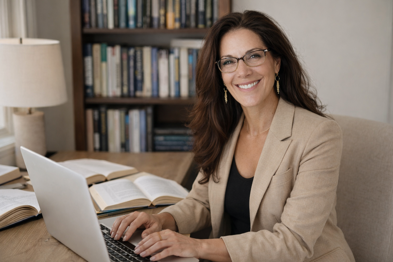 Julie Ann Beijer with long brown hair, glasses, and earrings sitting at a desk with open books and a laptop, smiling in a home office with a bookshelf in the background.