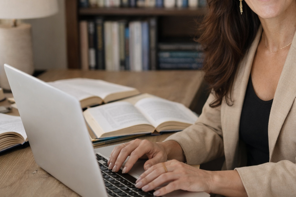 A woman working at a desk with open books and a laptop.