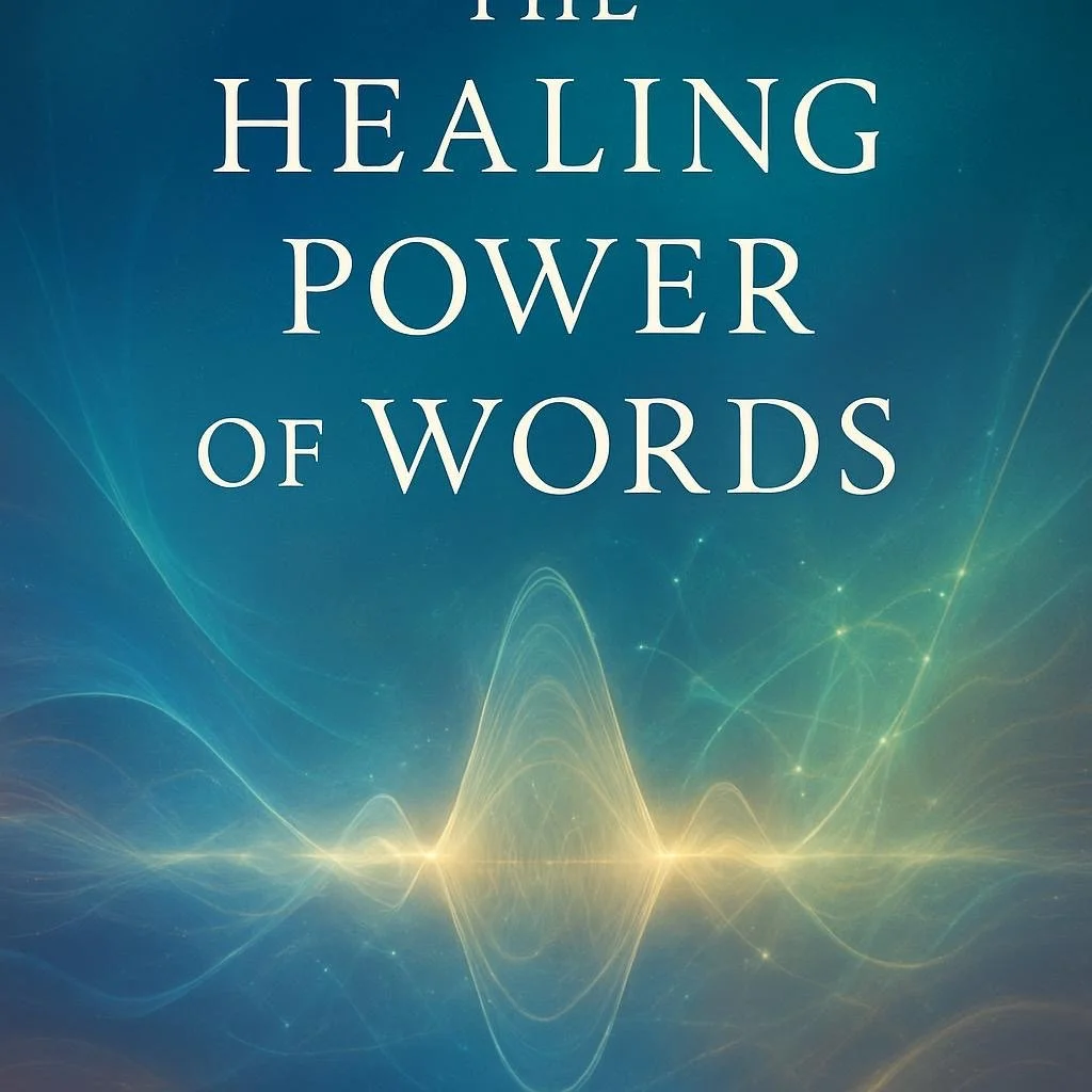 Book cover titled 'The Healing Power of Words' with a blue background and light wave design.