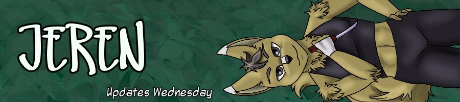 An animated character with wolf-like features lying on green grass, with the name "Jeren" and "Updates Wednesday" written on the left side.