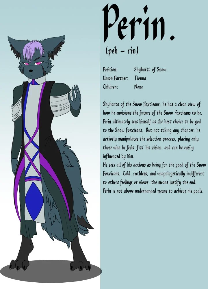 An anthropomorphic character named Perin, a snow fox with purple eyes and gray fur, dressed in dark clothing with purple and white accents, standing with one hand raised. Next to the character is a character description outlining Perin's personality,