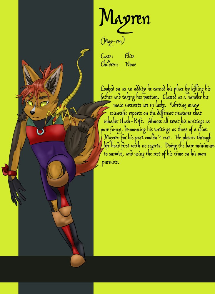A colorful andromorphic jackal character, including yellow eyes, pointy ears, and a bushy tail. They are dressed in a purple outfit with a red and black top, black gloves, and red socks, standing with one leg lifted and a confident expression.