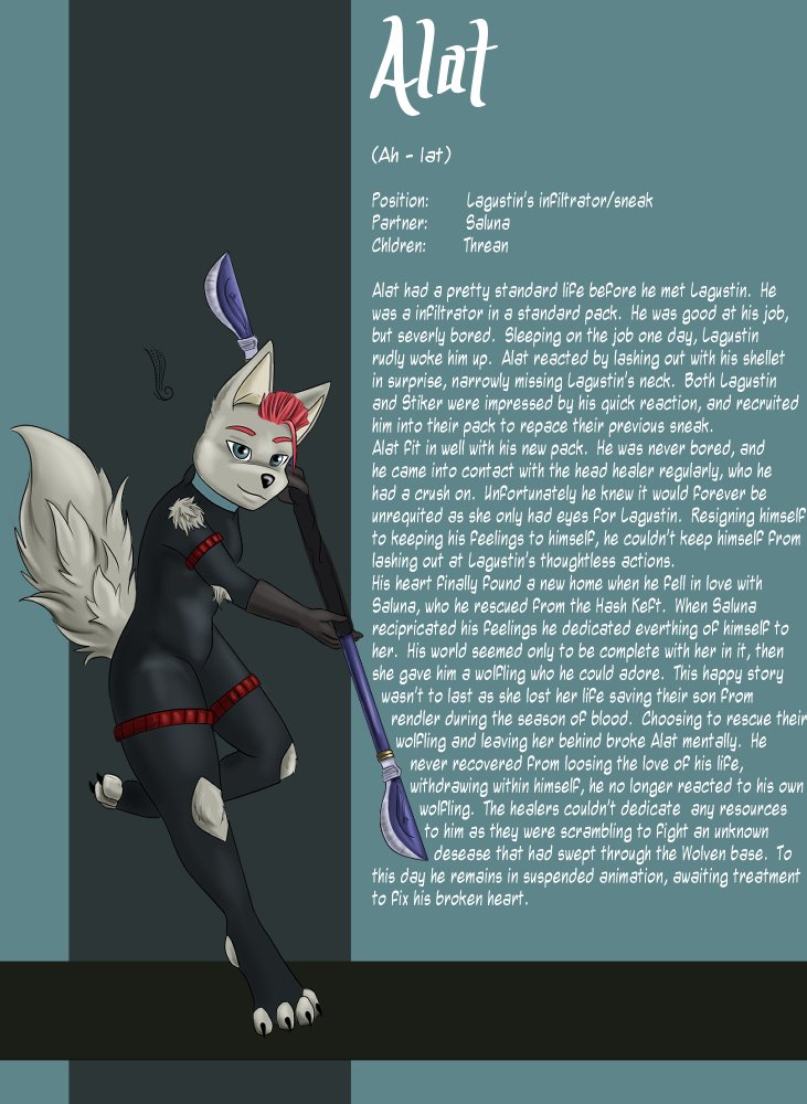 An anthropomorphic wolf character with white and gray fur, red hair, black outfit, and a feathered hair accessory, holding a large paintbrush, standing against a teal background with a long text description.