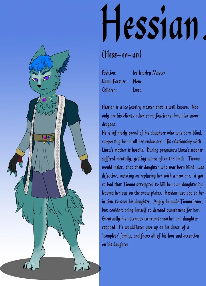 Illustration of a blue anthropomorphic fox character named Hessian, wearing a dark jacket, purple pants, and jewelry, with detailed descriptive text about his background and relationships.