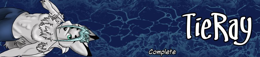 Anthropomorphic wolf character with glasses lying on water with tie dye background, text 'Tie Ray Complete'