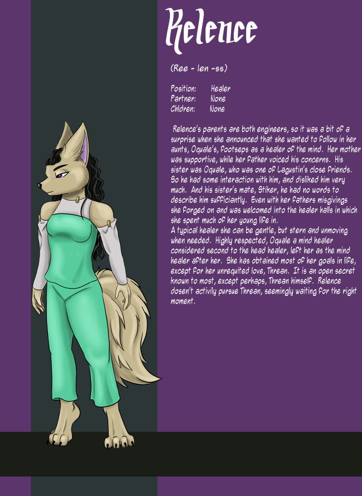 An anthropomorphic Wolf character named Relence, wearing green scrubs, standing against a purple background with a detailed description of her background and personality.