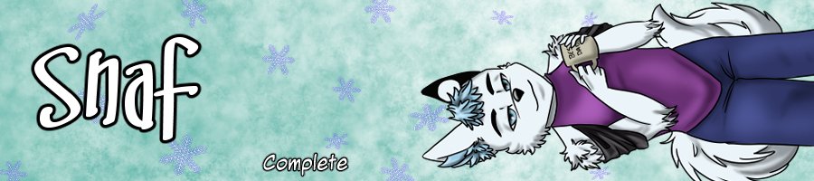 An anthropomorphic wolf character with white fur, wearing glasses, a purple shirt, and blue pants, lying on snow with snowflakes falling, holding a smartphone in one hand, with the word "Snaf" and the word "Complete" written in the background.