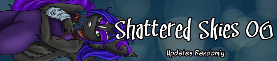 Artwork of a dark anthropomorphic wolf with purple hair, lying down with crossed arms, wearing a purple cape, with the text 'Shattered Skies OG' and 'Updates Randomly'.