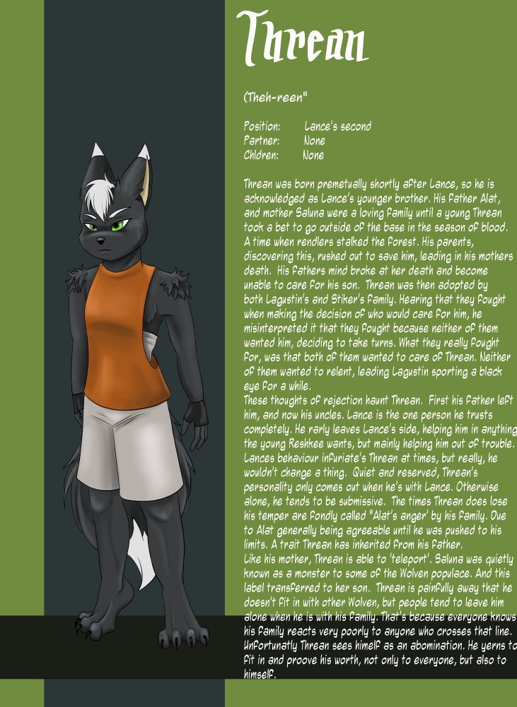 Character profile of a black anthropomorphic wolf named Threan with green eyes, wearing an orange sleeveless shirt and beige shorts, standing with arms crossed against a green and dark background.