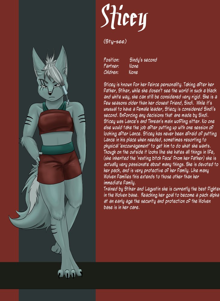 An anthropomorphic wolf character named Sticey, wearing a red sports bra and red shorts, standing with one hand on her hip and a serious expression, outlined with stylized fur markings.