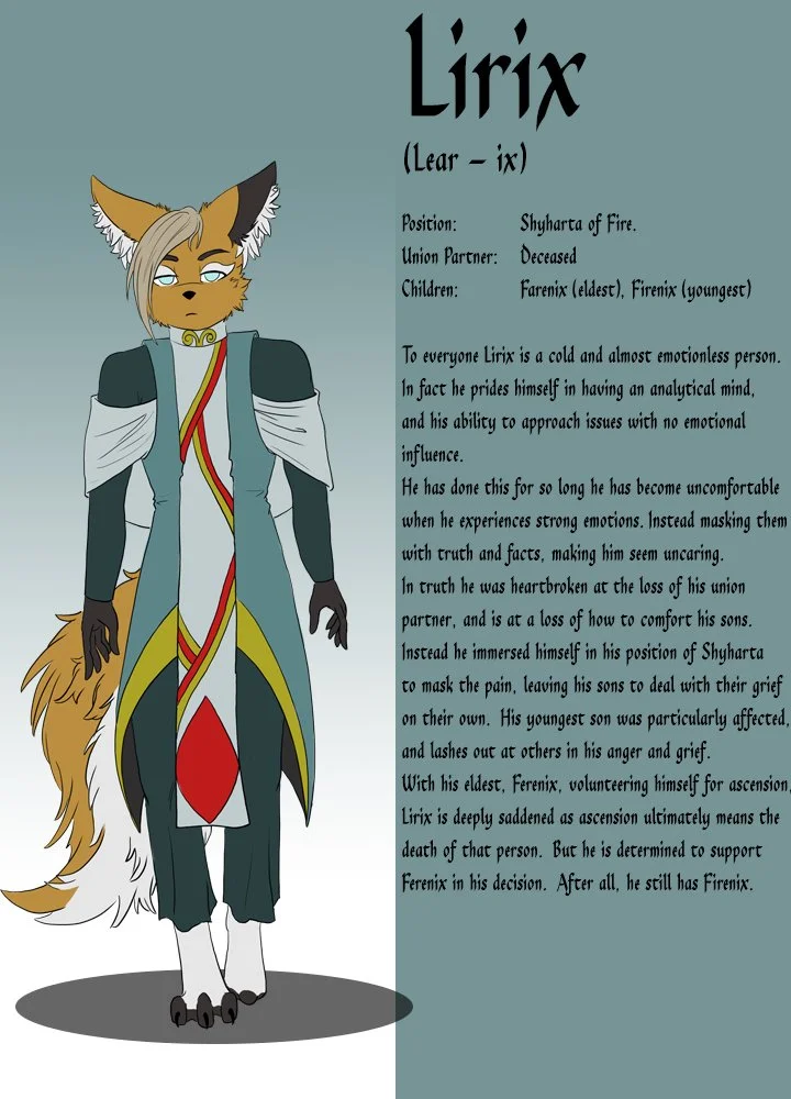 An anthropomorphic fox character dressed in elaborate clothing, standing on a gray shadowed surface, with a detailed background of light blue-green color containing text about Liríx, a character from a story or game.