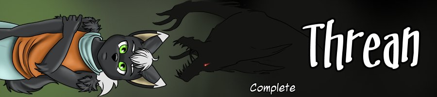 A cartoon-style image of a black and white anthropomorphic wolf lying on its side, smiling and holding a gift box, with a dark wolf silhouette and red eyes facing it. The word "Threat" and the words "Complete" are written on the right side.