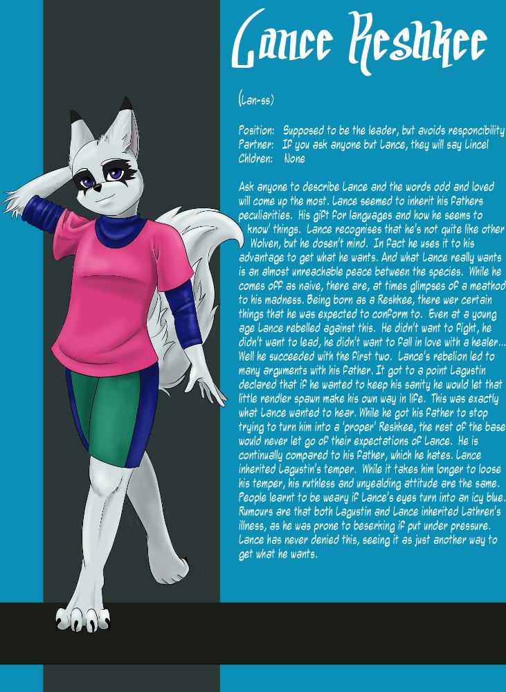 A character sheet for Lance Kashkee, an anthropomorphic white fox with purple eyes, dressed in a pink shirt with purple accents and a green skirt. The sheet provides personality details, background, and traits for the character.