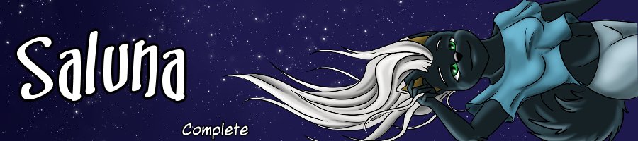 A digital illustration of a dark-skinned female character with long white hair, lying down against a starry night sky background. The word "Saluna" is written in large white letters, with the word "Complete" underneath.