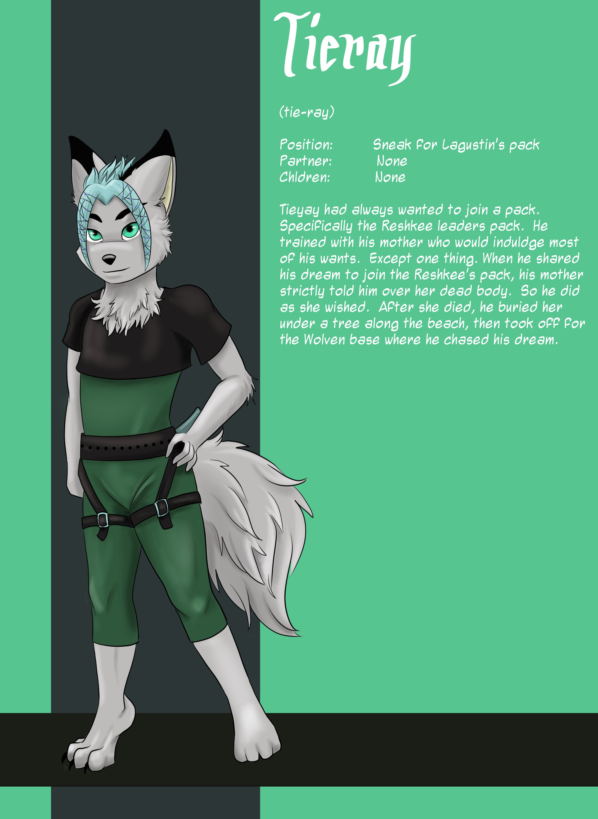 Anthropomorphic wolf character with grey and white fur, turquoise eyes, and light blue hair, dressed in a black and green outfit, standing with one hand on her hip.