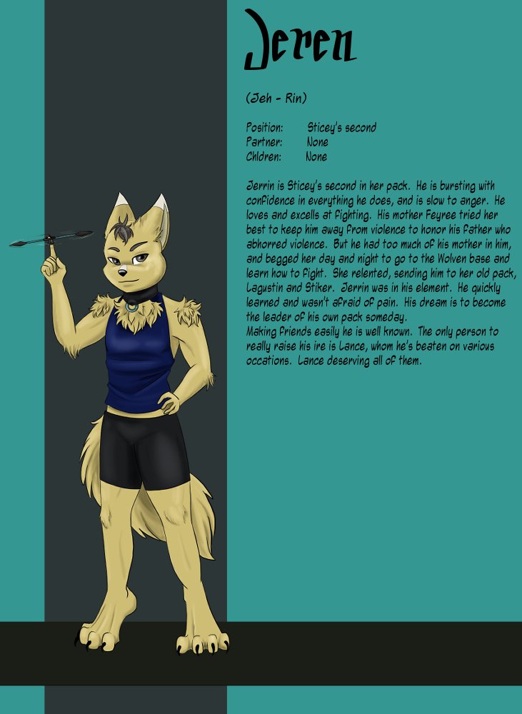 An anthropomorphic wolf character standing with one hand on her hip and holding a small knife in the other. She has tan fur, wears a blue tank top, black shorts, and a black choker. The background features a character description and story about Jere