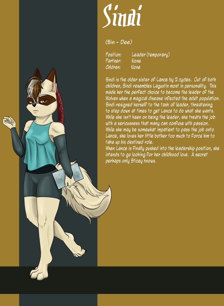 An anthropomorphic female wolf character with a tan and white coat, wearing a blue sleeveless top, dark shorts, and gray arm warmers, holding a piece of paper, standing against a background with mustard and dark gray colors and a profile of her face.
