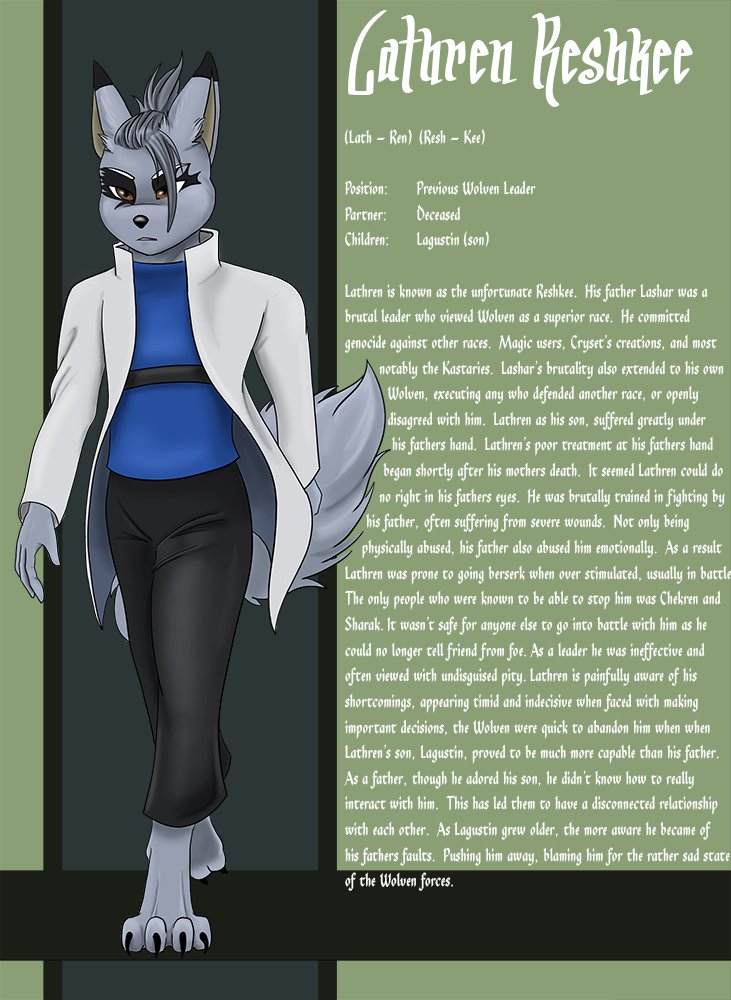 An anthropomorphic wolf character with gray fur, black hair, and elf-like ears, dressed in a white jacket, blue shirt, and black pants, standing with crossed arms. Next to the character is a detailed description of Lathren Reshkee's background and st