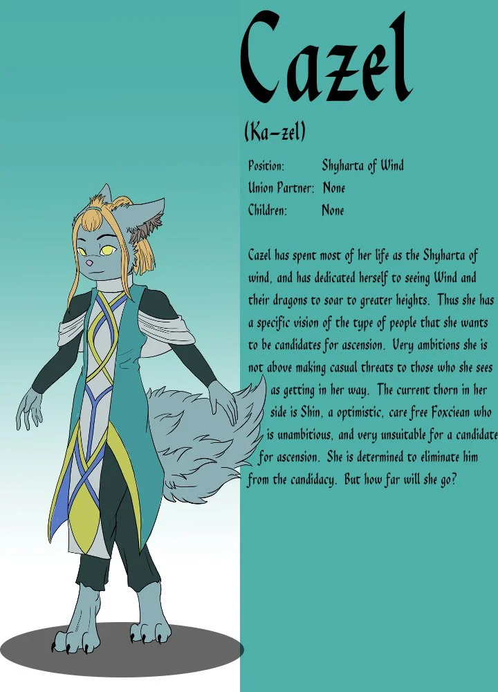 An illustrated character named Cazel, a blue anthropomorphic fox with long blonde hair, yellow eyes, and wearing a detailed colorful outfit with a long coat, standing with a tail and paws visible.