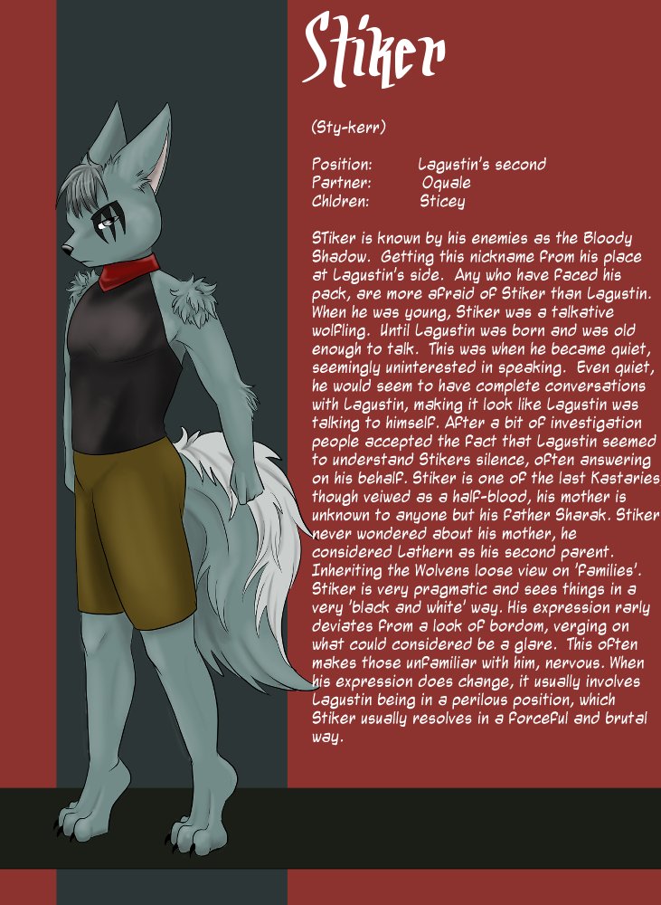 An anthropomorphic wolf character with gray fur, wearing a black shirt, brown shorts, and a red bandana around its neck. The background features a red and gray color scheme with text describing the character's background and personality.