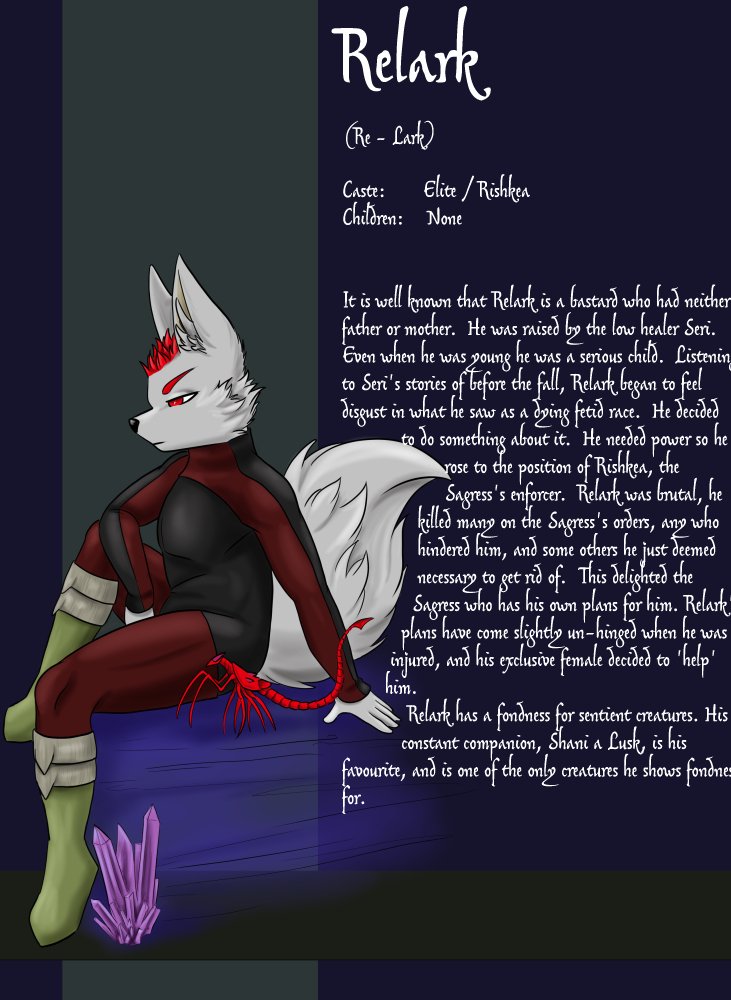 A digital illustration of Relark, a humanoid creature with white fur, grey ears, red markings, and wearing a dark outfit with red accents. The background features a text panel describing Relark's background and characteristics.