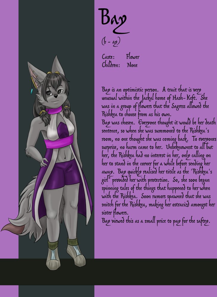 A character sheet for a creature named Bay, an optimistic anthropomorphic with gray fur, large wolf-like ears, and a bushy tail. She is dressed in purple and white clothing, standing with her hand on her hip, and has a background with purple and blac