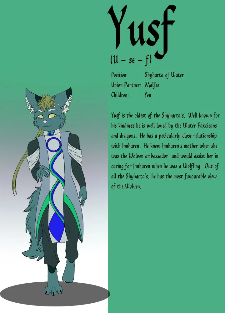 An anthropomorphic wolf character named Yusf, with gray fur, wearing a blue and green outfit, standing with one foot raised on a gray shadow. The background is a green gradient, and there is descriptive text about Yusf on the right side of the image.