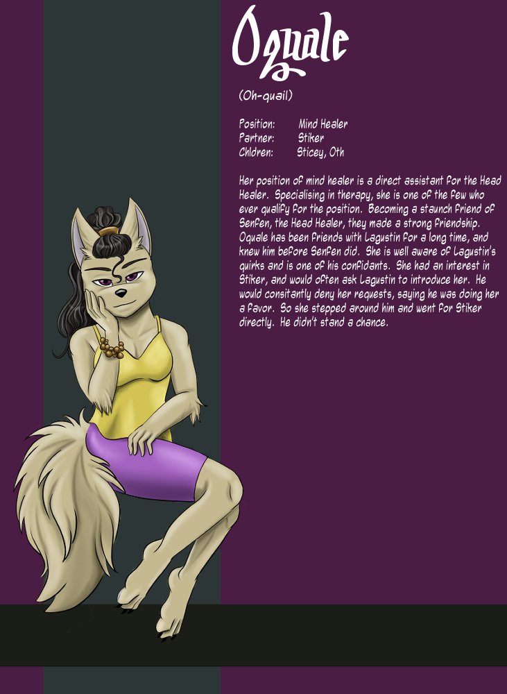 An anthropomorphic wolf character with beige fur, purple eyes, wearing a yellow tank top, purple shorts, and jewelry, sitting against a dark background and reading a detailed character description about Ogre.