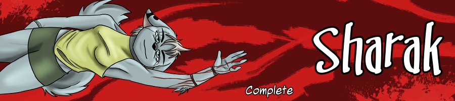 Cartoon wolf character lying on a red background with the text "Sharak Complete".