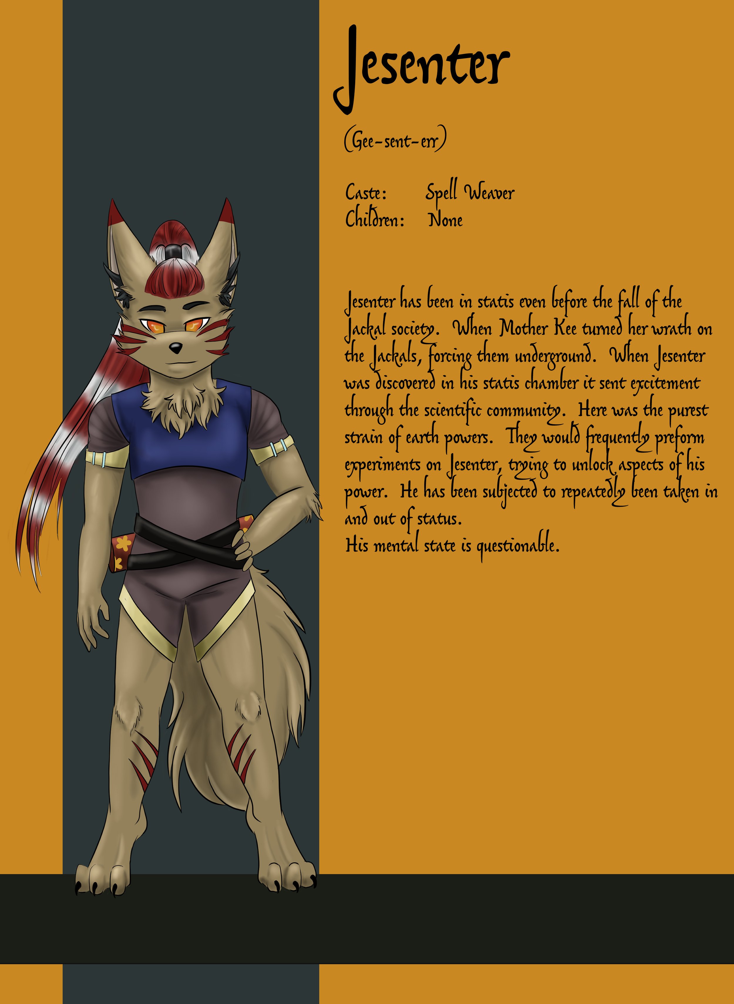 A humanoid character with red hair, orange eyes, and fox-like features, standing with arms akimbo against a background with black, orange, and dark teal sections, and an orange panel with descriptive text about the fictional character Jesenter.