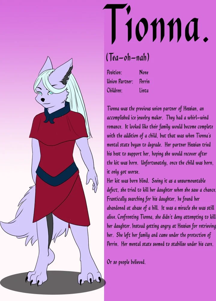 Illustration of Tionna, a white anthropomorphic animal character with long white hair, wearing a red dress with dark blue accents, standing on a gray surface against a purple background with descriptive text about her story.