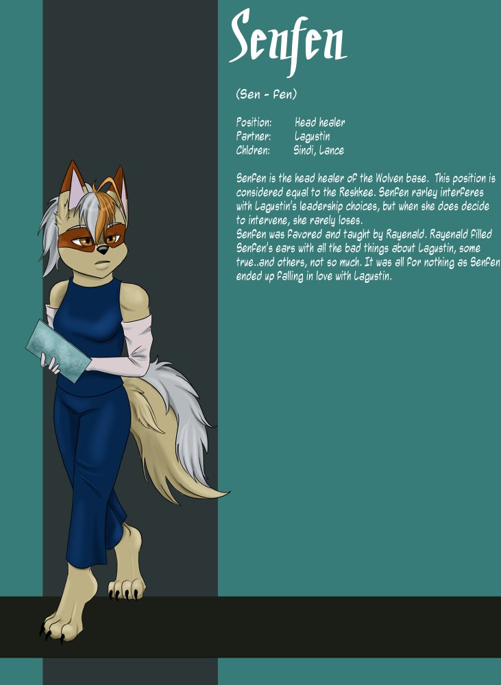 A fictional anthropomorphic Wolf character dressed as a head healer, holding a clipboard, with text about her background and role.