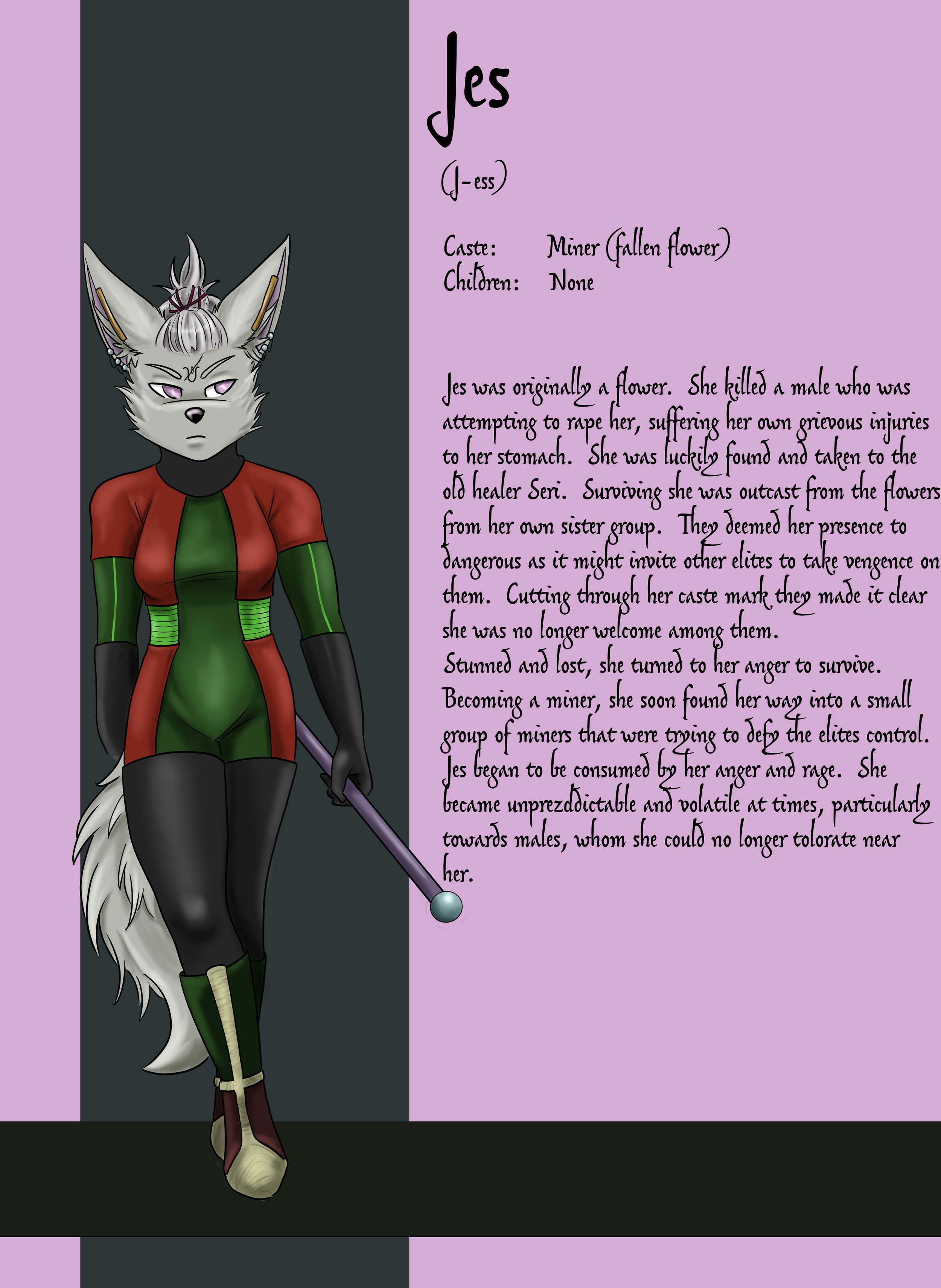 An anthropomorphic jackal character with white fur, wearing a red and green outfit, holding a staff, standing against a background with purple and black sections, and a block of handwritten-style text describing a character named Jes.