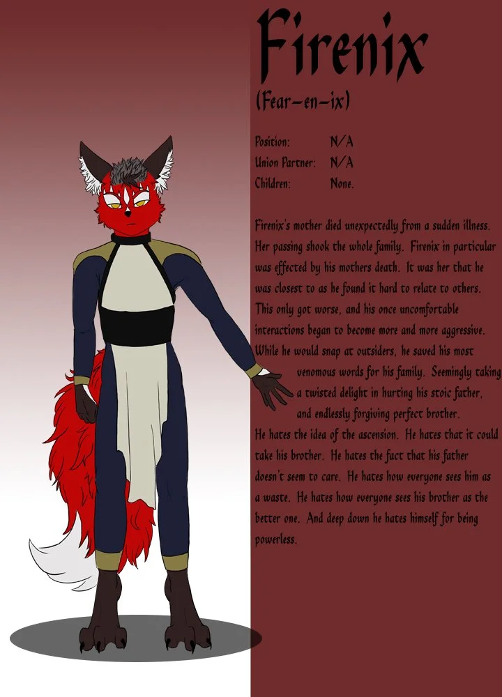 An anthropomorphic fox character with red and white fur, wearing a fantasy-style outfit, standing next to a text panel about Firenix, a character with a tragic background and complex emotions.
