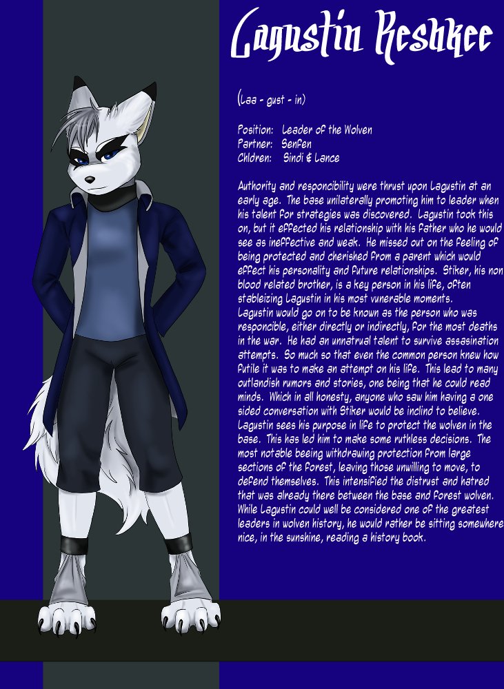 An anthropomorphic character with wolf-like features, white fur, and gray hair, dressed in dark clothing, standing with arms crossed next to a profile of a written biography about Lagustin Reshkee.