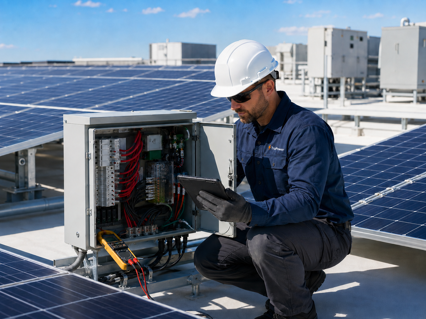 A technician in safety gear inspecting an electrical panel on a rooftop with solar panels during the day.