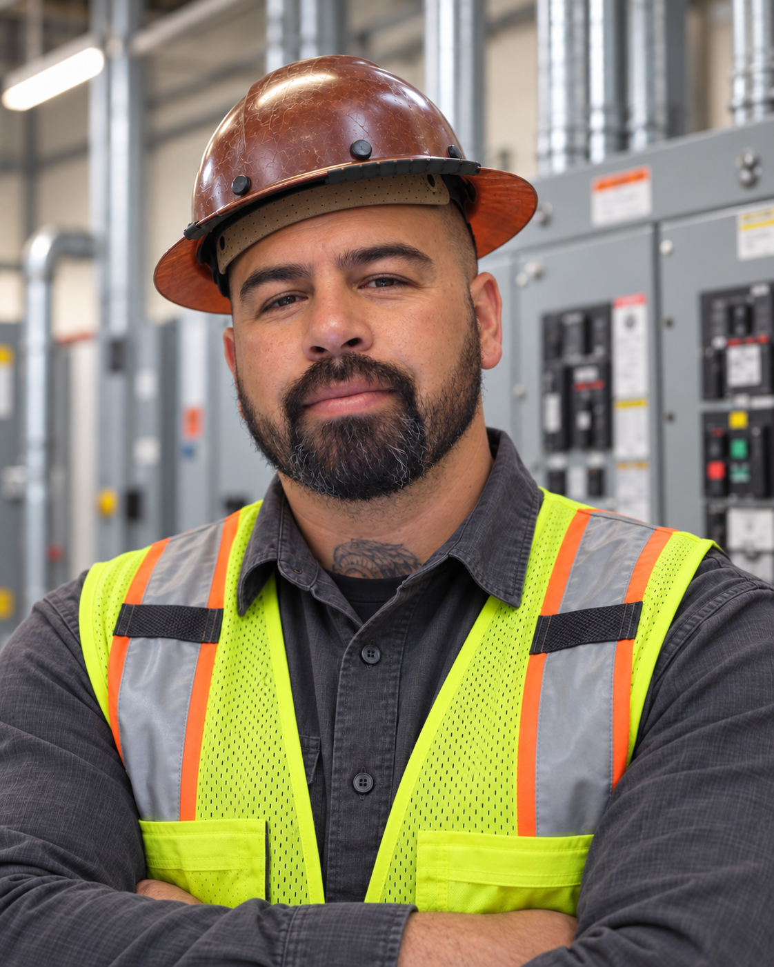 A male utility worker wearing a hard hat, safety vest, and dark gray shirt standing in front of industrial electrical panels.