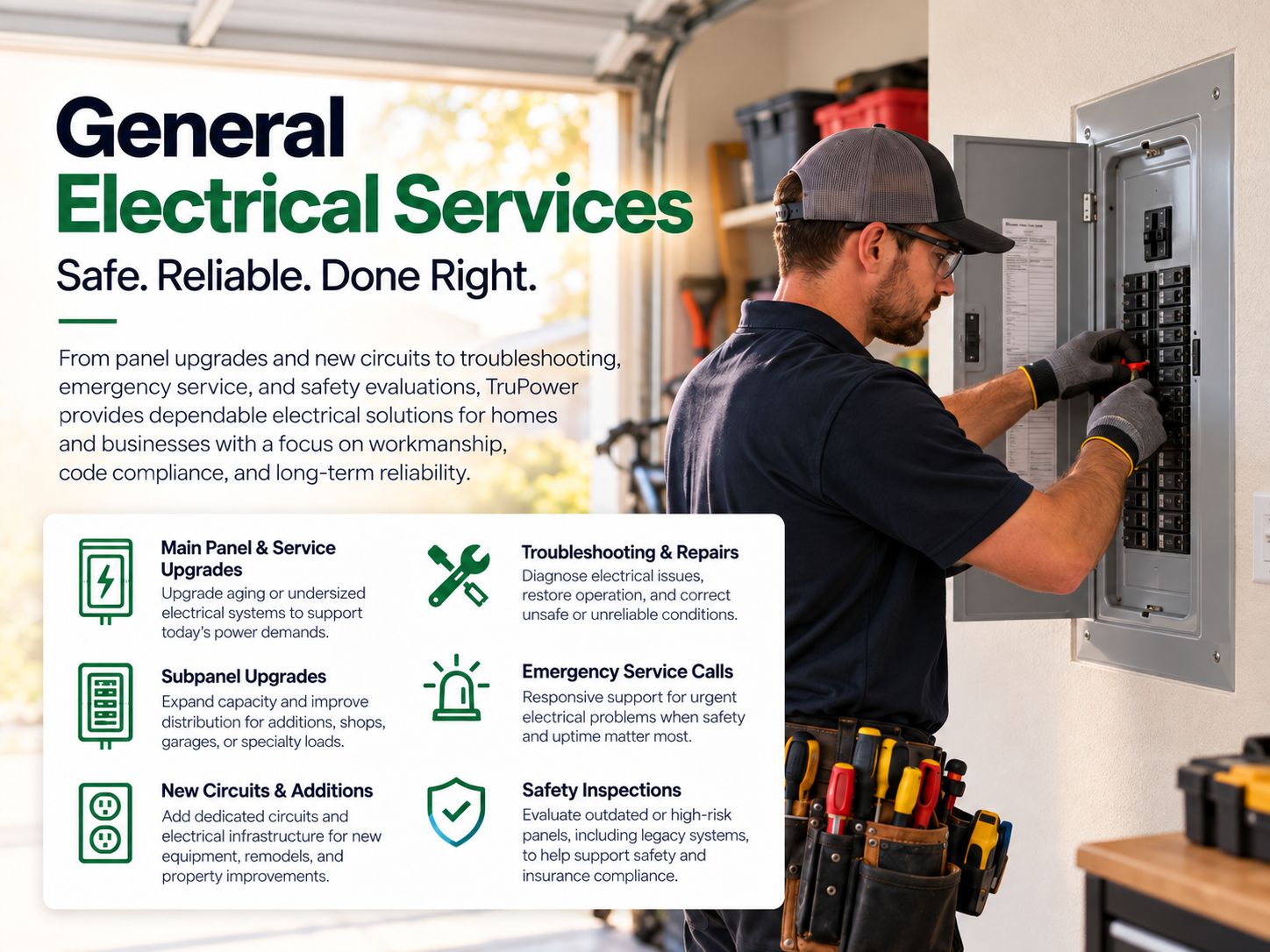 A qualified electrician in a garage door opening, working on an electrical panel with tools attached to his belt, with an informational flyer about electrical services on the left side of the image.