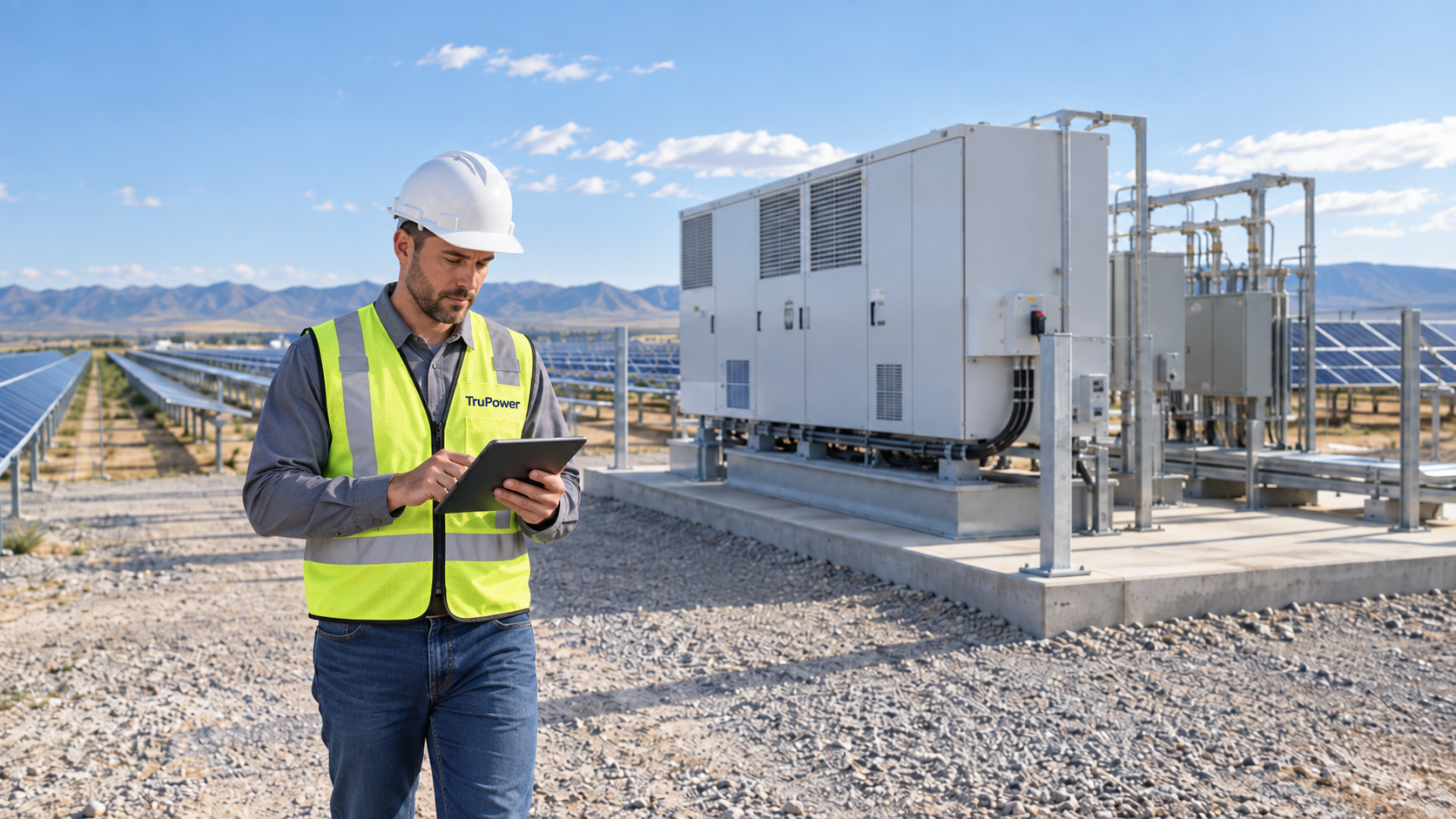 A male worker in a hard hat and reflective vest inspecting equipment at a solar power farm with solar panels and mountains in the background.