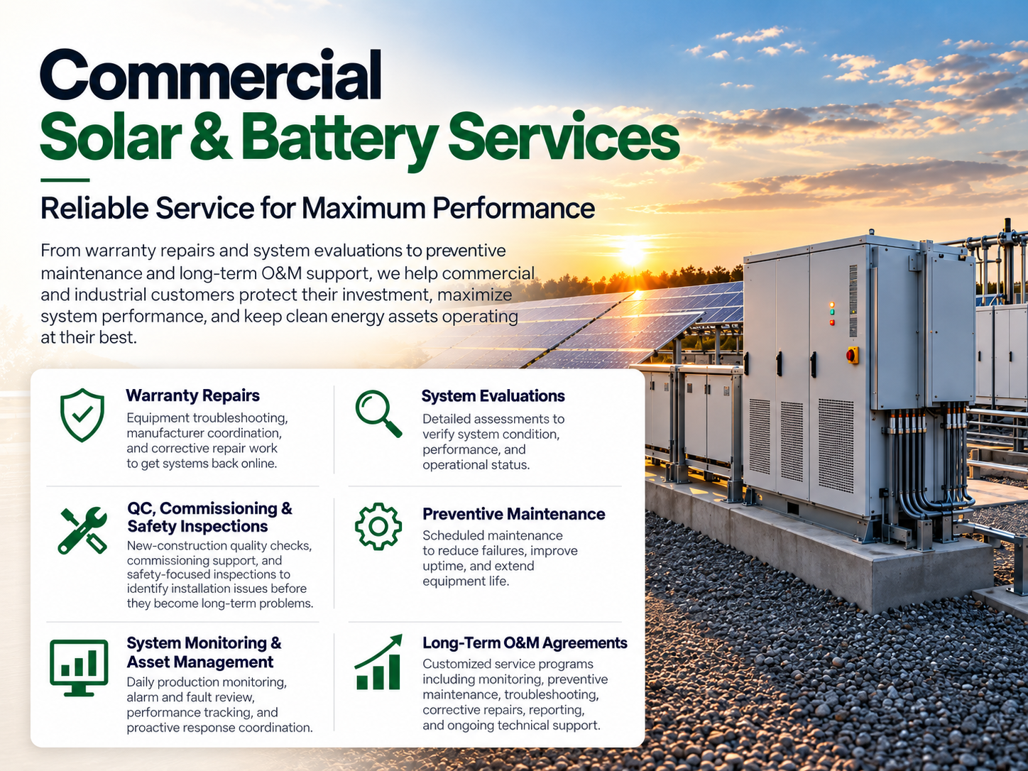Poster advertising commercial solar and battery services featuring solar panels and electrical equipment at sunset, with descriptive icons and text detailing the services offered.