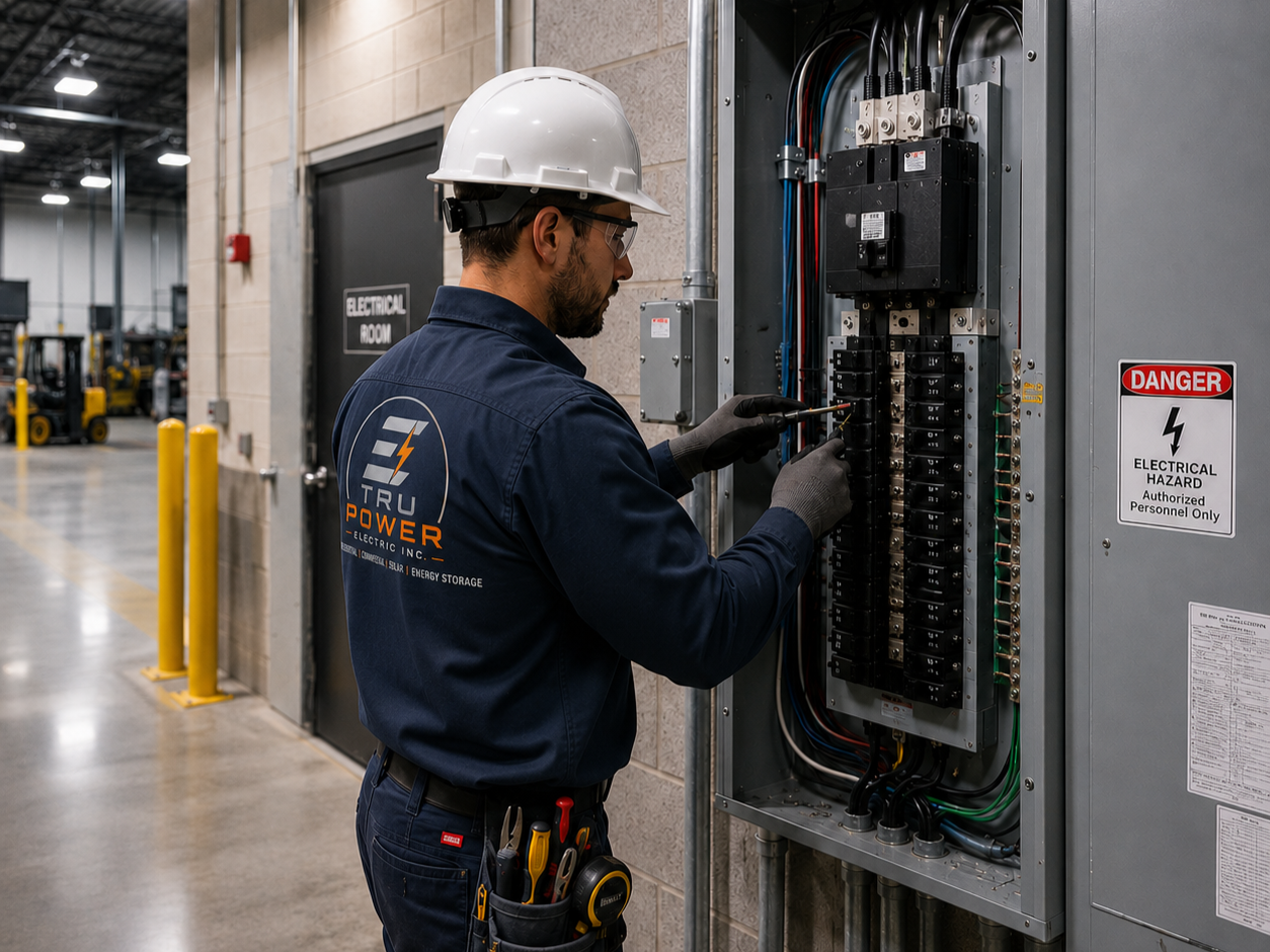 Electrician wearing a white hard hat and gloves working on an electrical panel in an industrial warehouse. The panel has multiple switches and wires, with a warning sign for electrical hazard.
