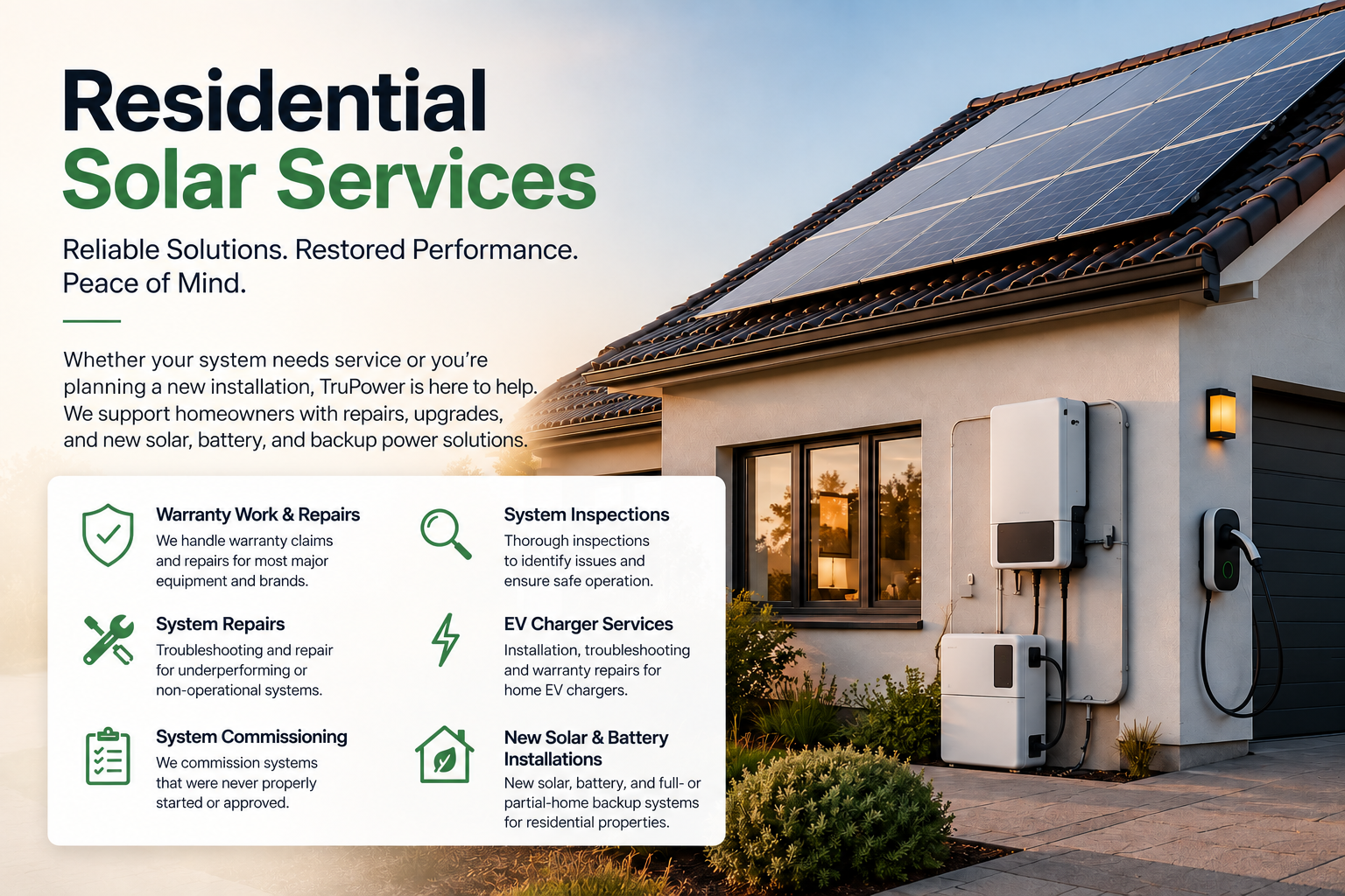 Residential house with solar panels on roof, EV charging station outside, and informational signage about solar services.