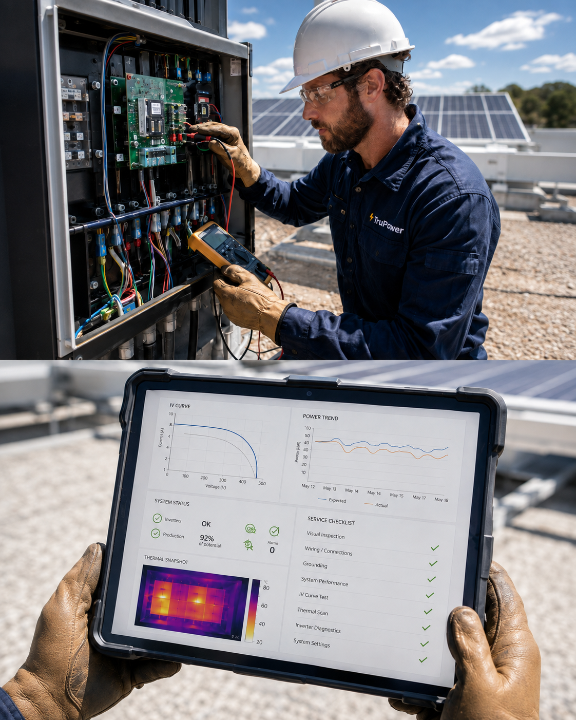 A technician in safety gear testing electrical components of a solar power system outdoors, with solar panels in the background, and checking system data on a tablet.