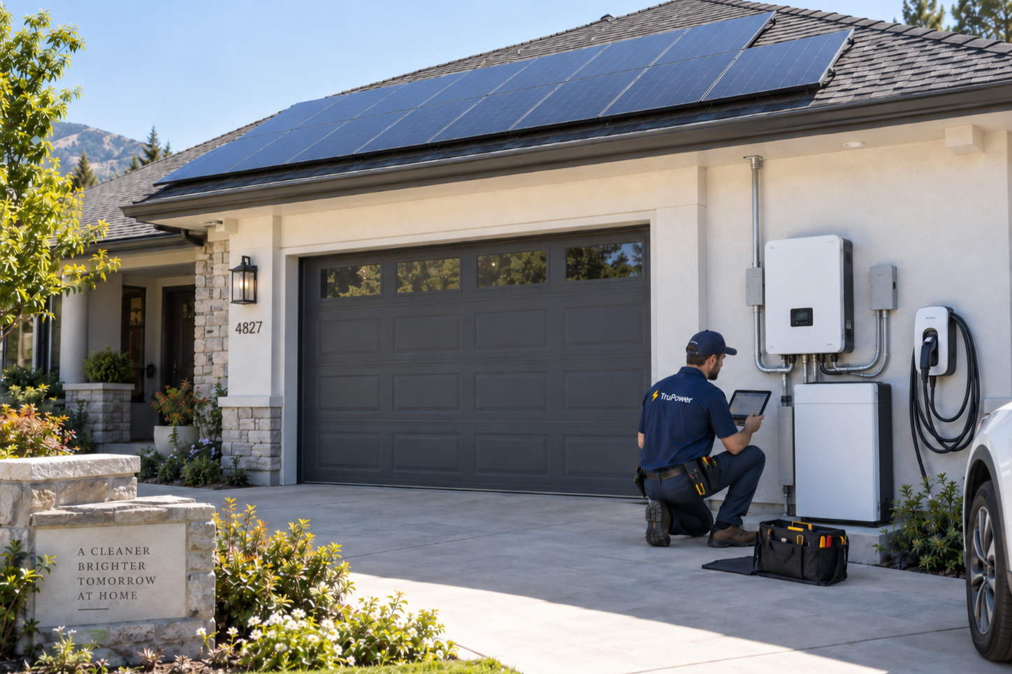A technician kneeling in front of an electrical panel and utility box on a house with solar panels and a gray garage door, working on electrical equipment.