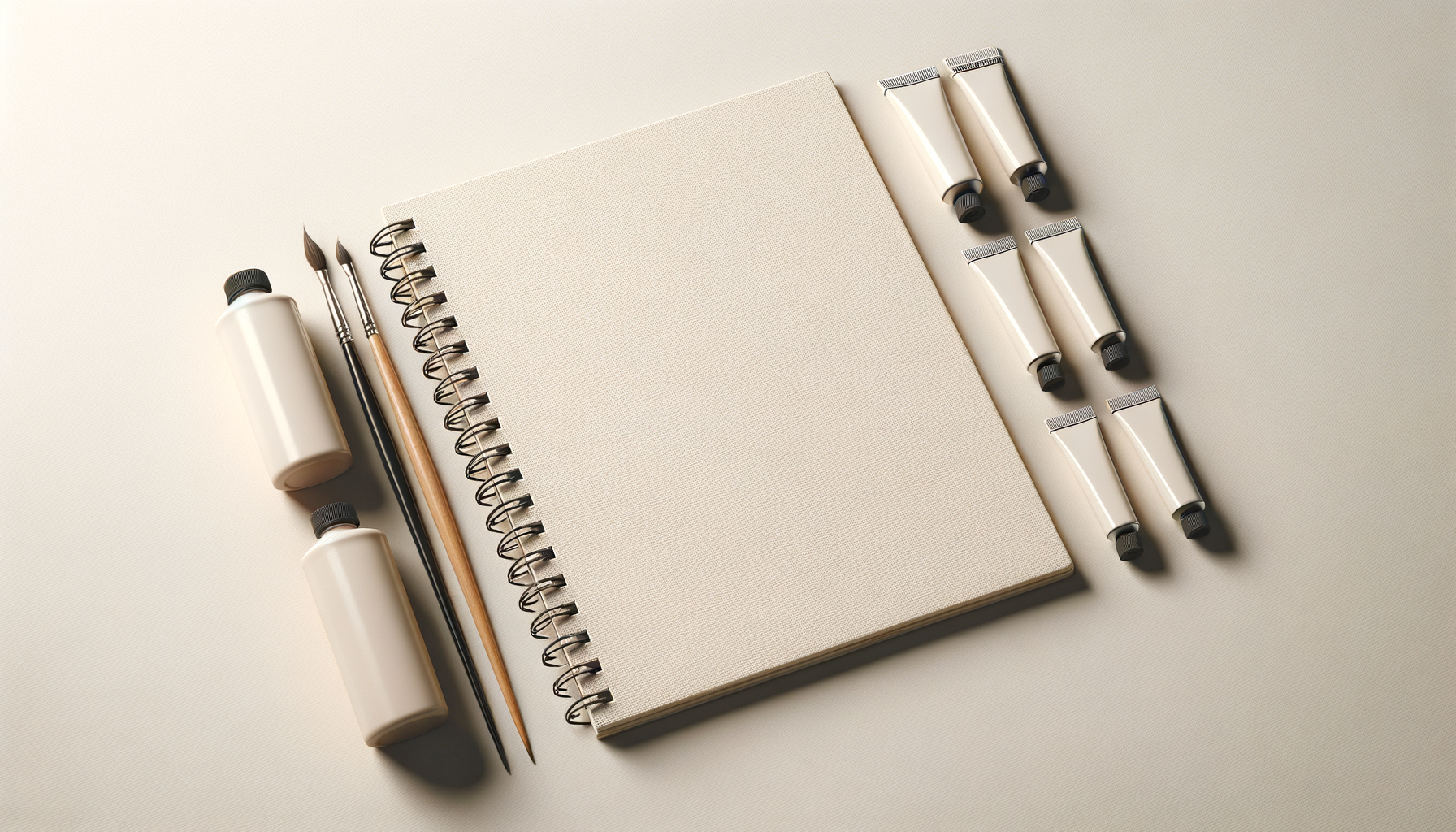 A spiral notebook with seven tubes of white paint, two paintbrushes, and two bottles of white paint arranged on a cream-colored surface.