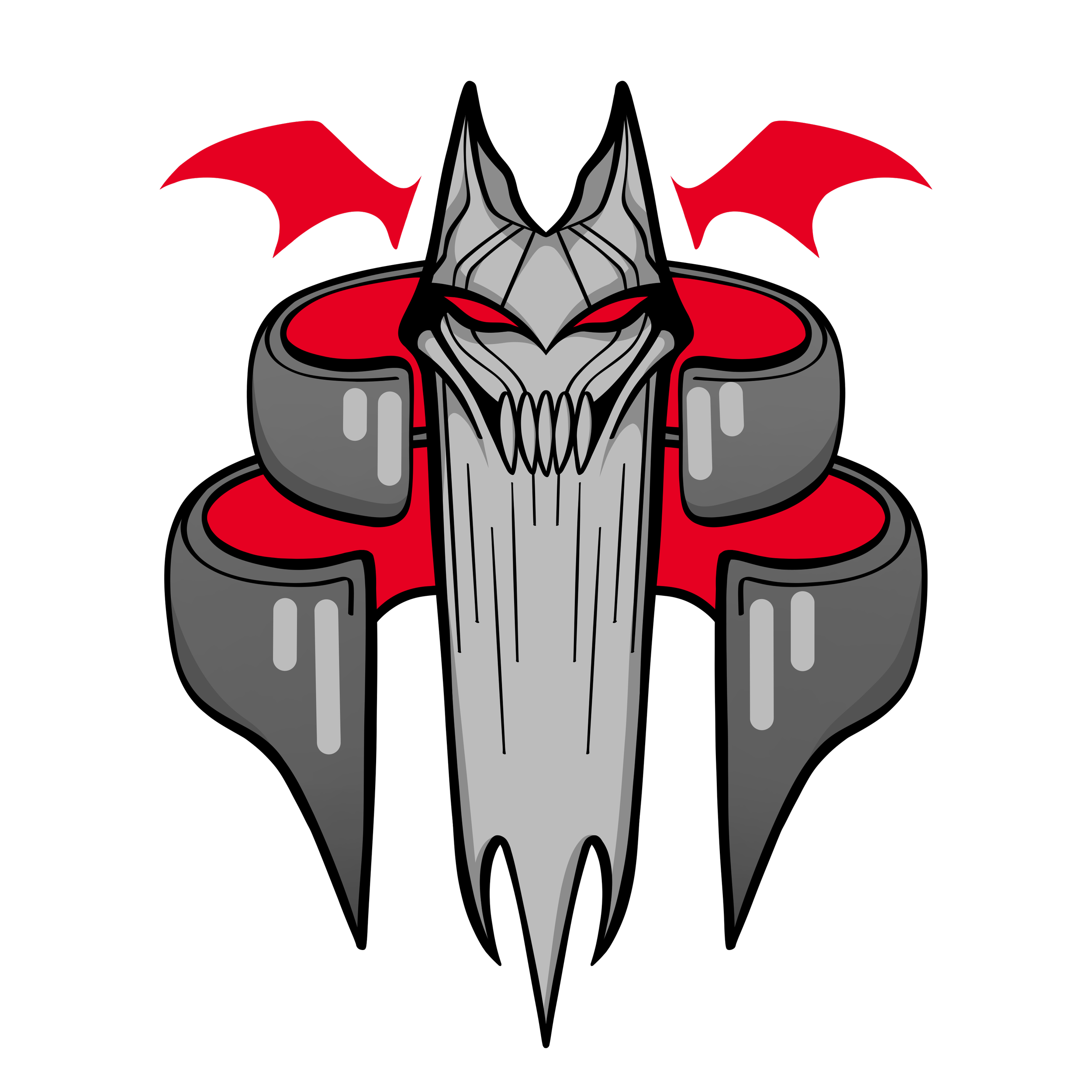 A stylized illustration of a gray skull with red eyes, black lines, and red bat-like wings on a black background.