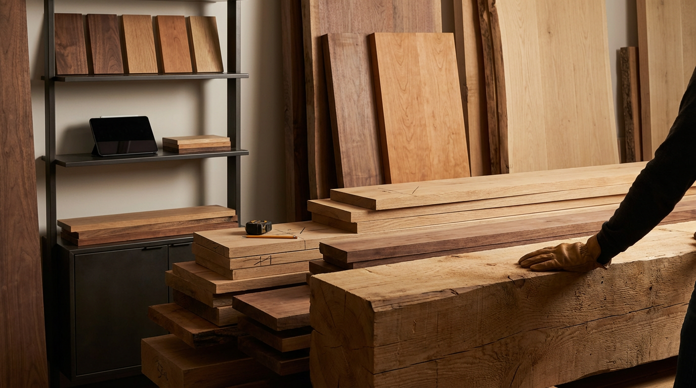 A person inspecting a large piece of wood in a woodworking shop with various wood planks and samples stored on shelves in the background.