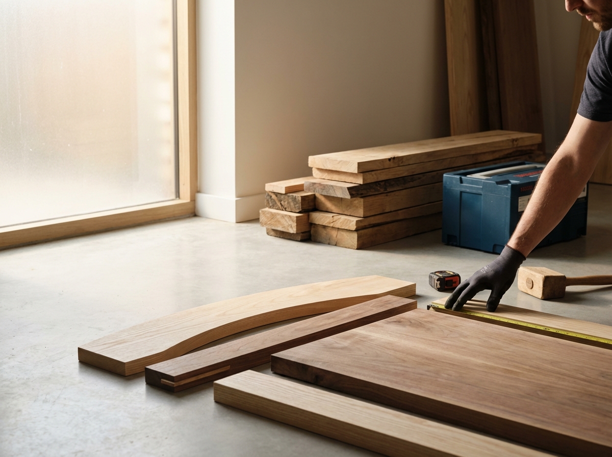 A person measuring and working with wooden planks and paneling in a construction or woodworking project, with stacks of wood and a toolbox in the background.