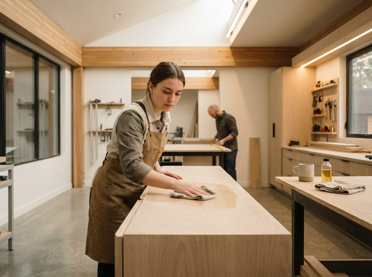 A woman cleaning a wooden workbench in a woodworking shop while a man works on a large piece of wood in the background.